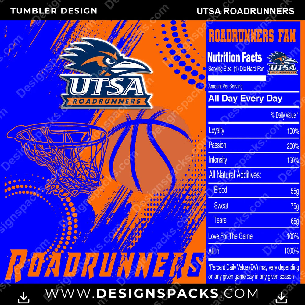 College Sport Team Fan Basketball UTSA Roadrunners NCAA College Sport Tumbler Digital Wrap Design Download