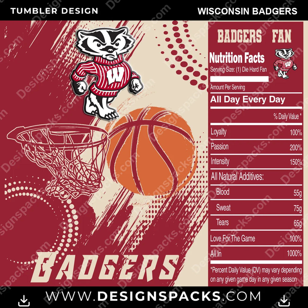 College Sport Team Fan Basketball Wisconsin Badgers NCAA College Sport Tumbler Digital Wrap Design Download