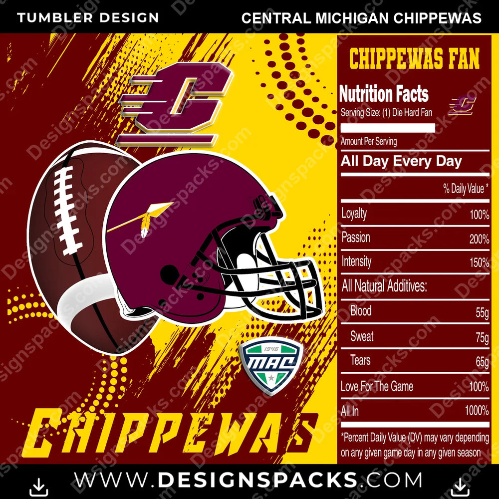 College Sport Team Fan CFB Central Michigan Chippewas NCAA College Sport Tumbler Digital Wrap Design Download