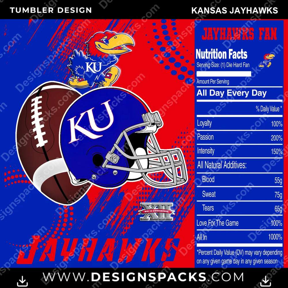 College Sport Team Fan CFB Kansas Jayhawks NCAA College Sport Tumbler Digital Wrap Design Download