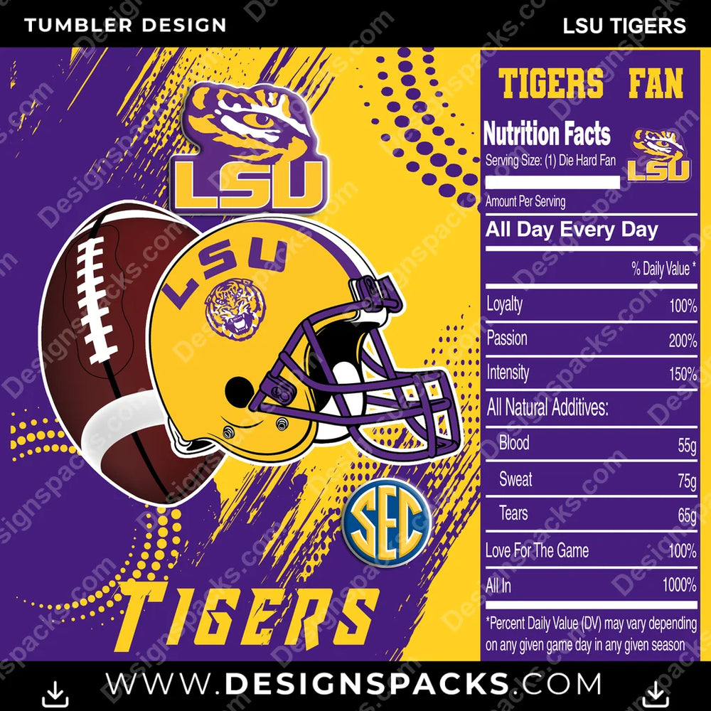 College Sport Team Fan CFB LSU Tigers NCAA College Sport Tumbler Digital Wrap Design Download