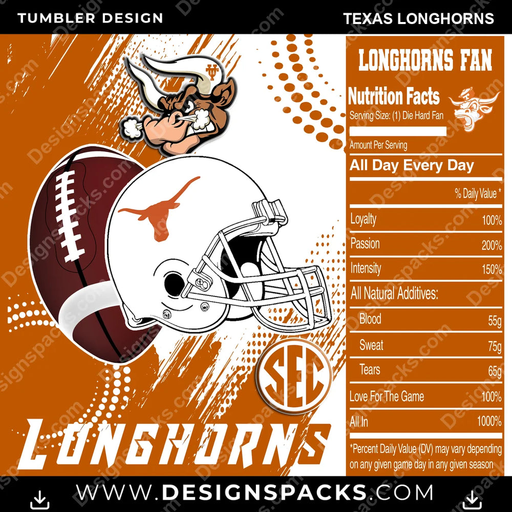 College Sport Team Fan CFB Texas Longhorns NCAA Tumbler Digital Wrap Design Download