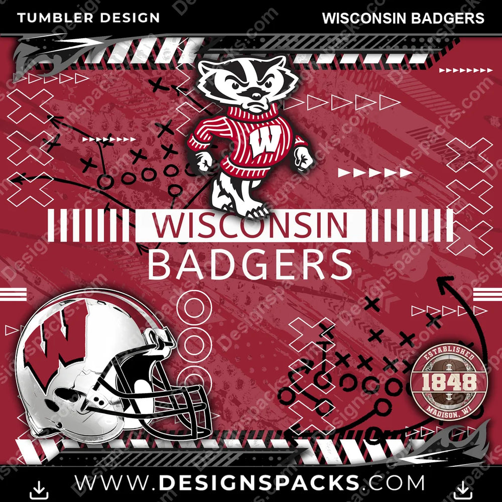 College Sport Xs & Os Wisconsin Badgers NCAA College Sport Tumbler Digital Wrap Design Download