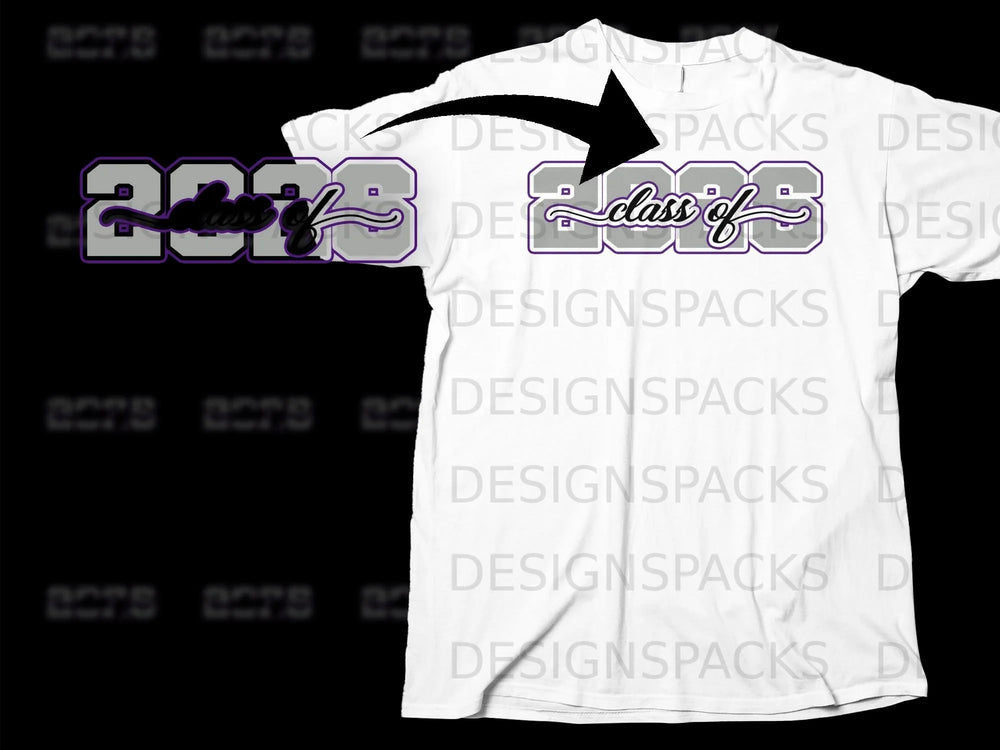 White t-shirt displaying "2023 class of" in gray and purple.