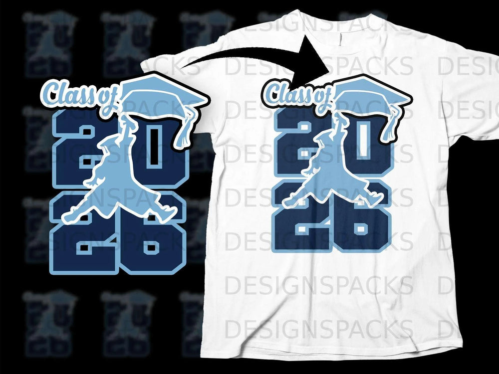 White t-shirt with "Class of 2026" design featuring a graduation cap and silhouette.