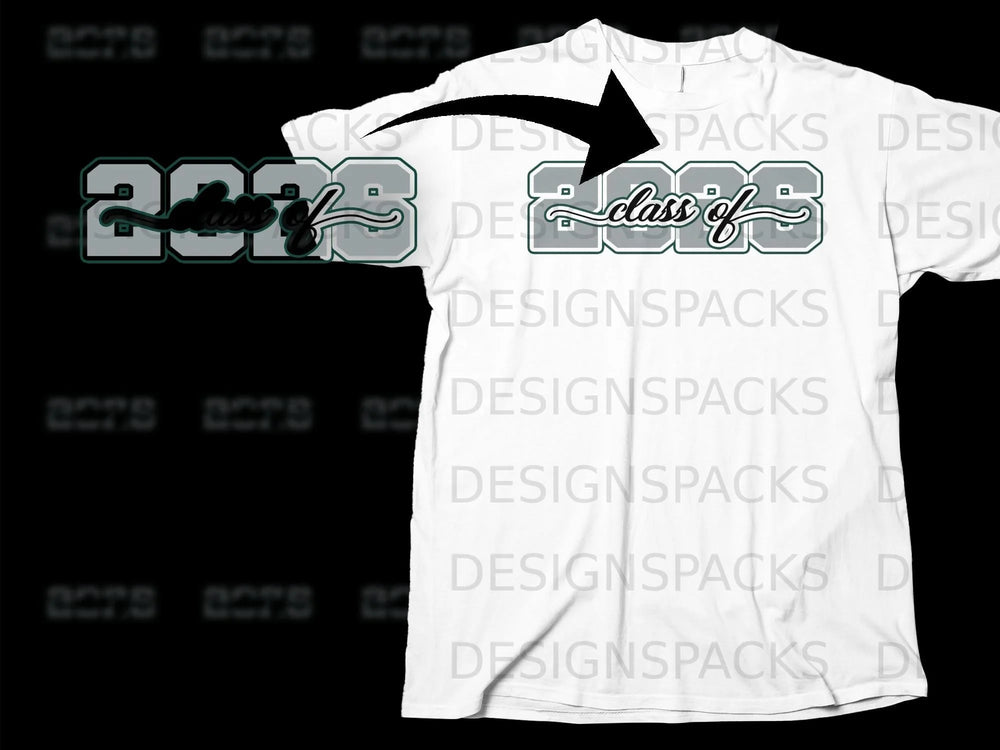 White t-shirt with "class of 2026" graphic in green and gray.