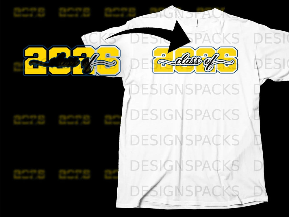 White t-shirt with "class of 2026" text graphic in yellow and blue.