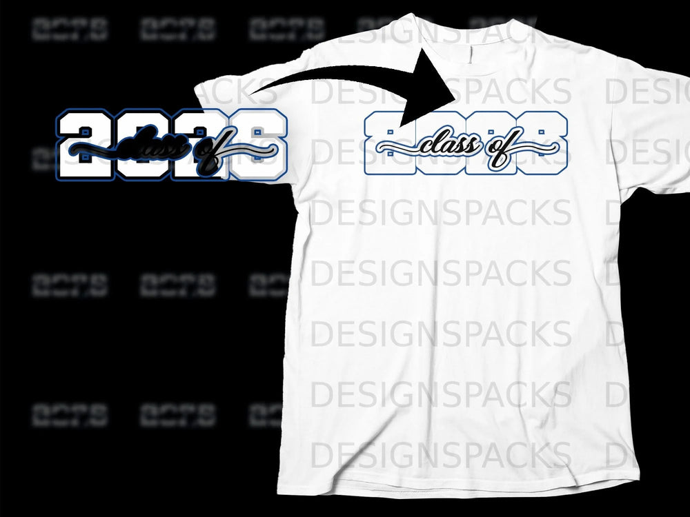 White t-shirt with blue and black "Class of 2028" graphic.