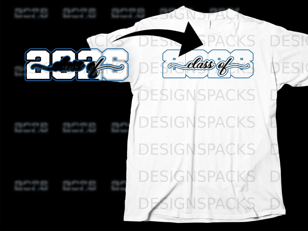 White t-shirt with blue and black "class of 2023" graphic.
