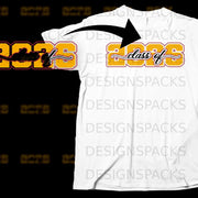 White t-shirt with yellow "2025 class of" graphic and black arrow.