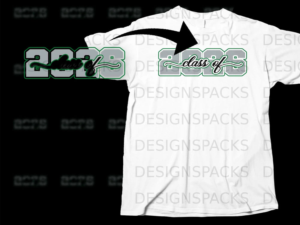 White t-shirt with "class of 2028" graphic in green and gray.