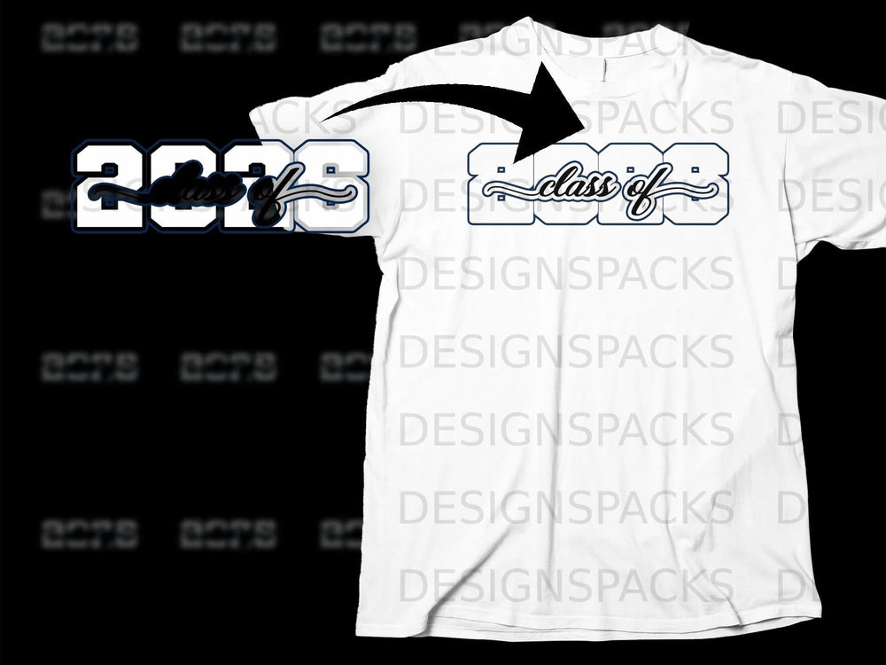 White t-shirt with "class of 2023" text design.