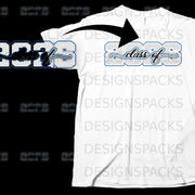White t-shirt with blue "2023 class of" graphic on the chest.