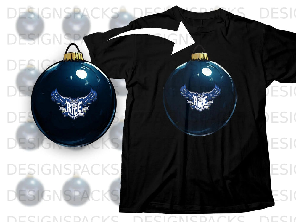 Black t-shirt with a blue ornament featuring the "Rice Owls" logo.