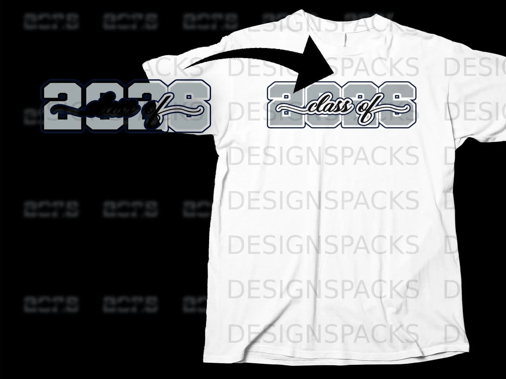 White t-shirt with "Class of 23" graphic in grey and navy.