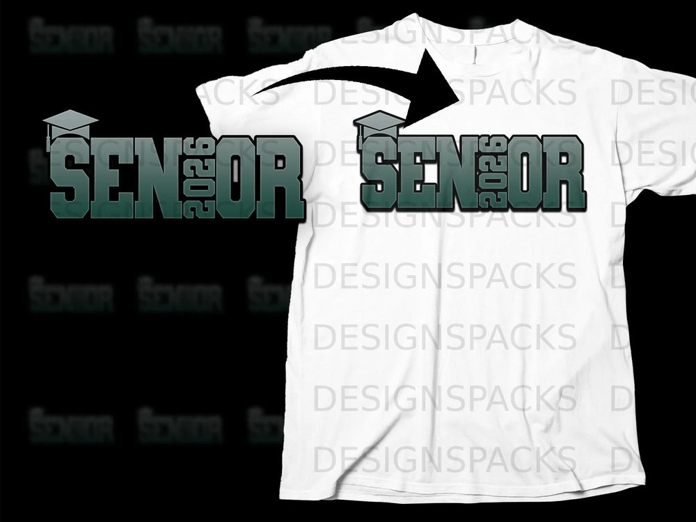 White t-shirt mock-up with "SENIOR 2026" text and graduation cap.