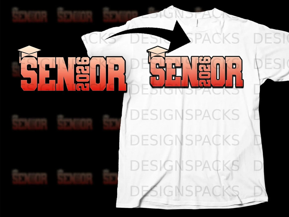 White t-shirt with "SENIOR 2026" graphic and graduation cap icon.
