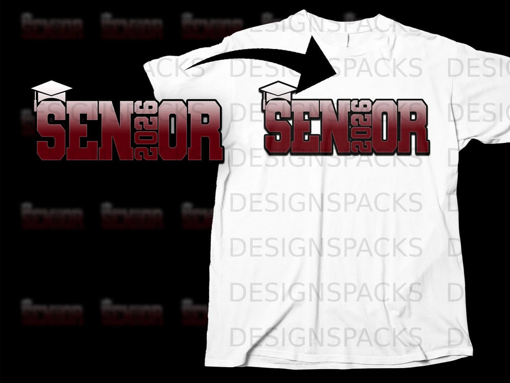 White t-shirt with "SENIOR 2026" graphic and graduation cap.