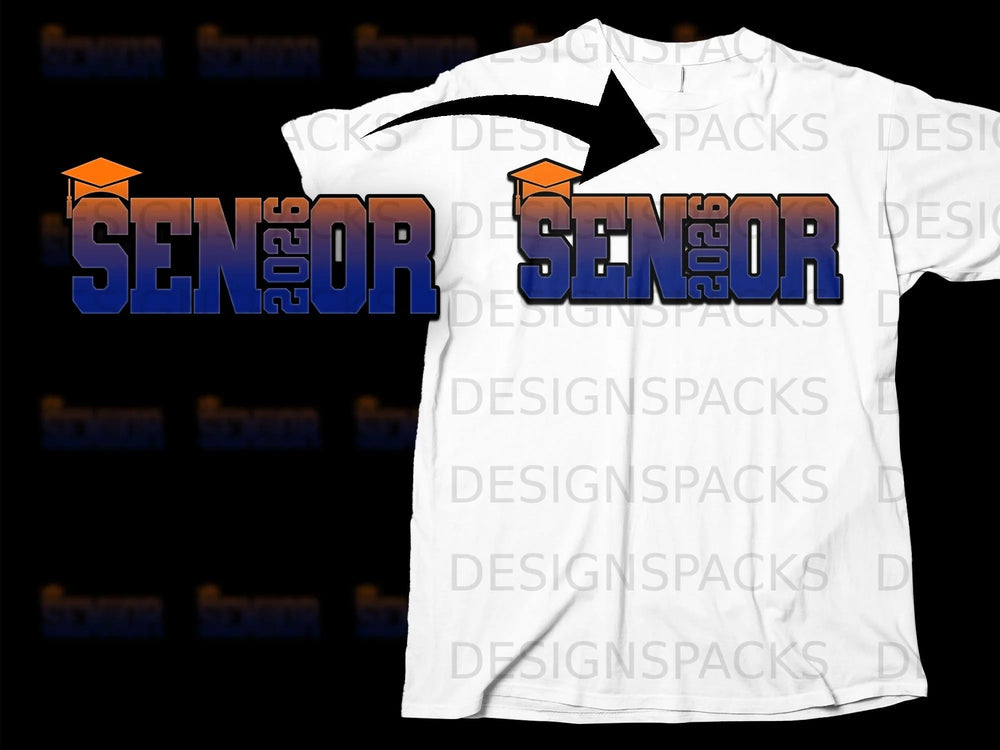 Senior 2026 text with graduation cap design on white t-shirt