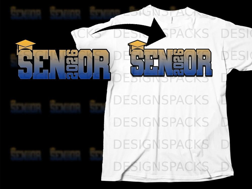 White t-shirt with the words "Senior 2026" in blue and gold gradient.