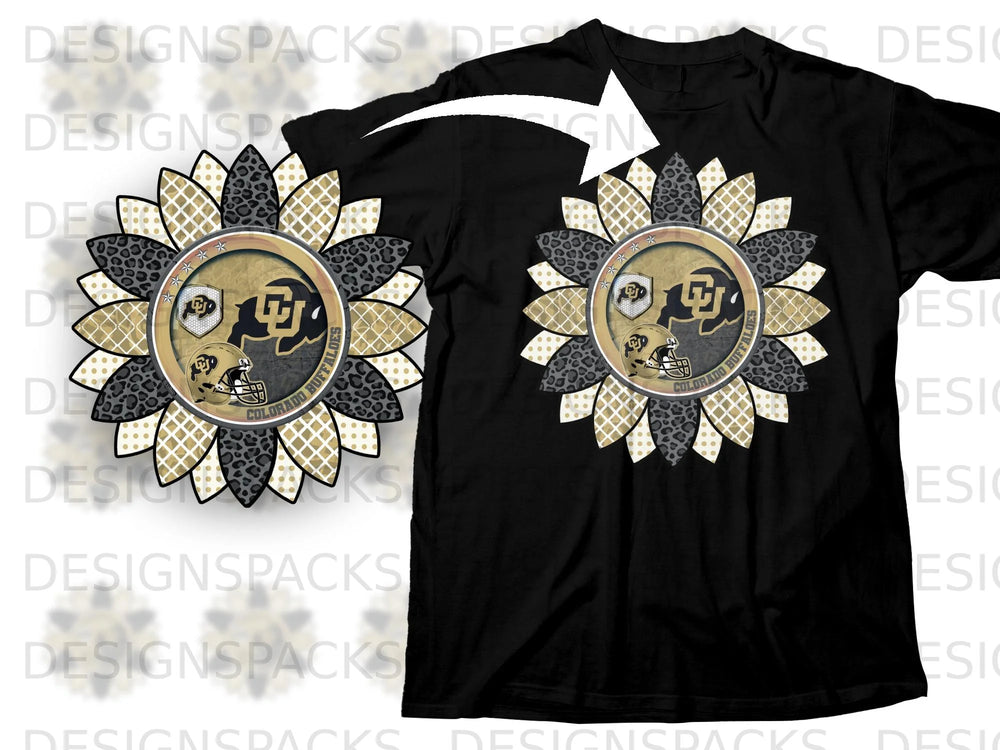 Black t-shirt with a sunflower design featuring the Colorado Buffaloes logo and helmet.