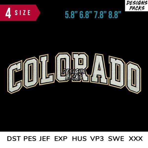 Colorado varsity-style embroidery design in 4 sizes, compatible with DST PES JEF formats for instant download