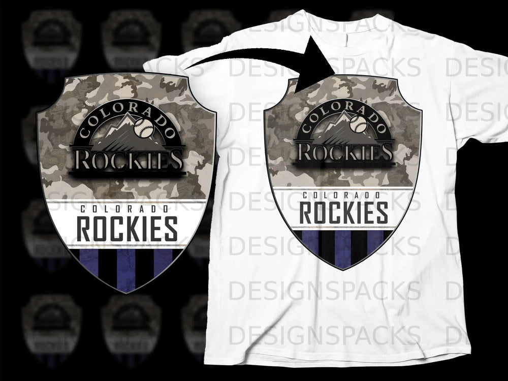 Colorado Rockies shield with camouflage background on a white t-shirt.