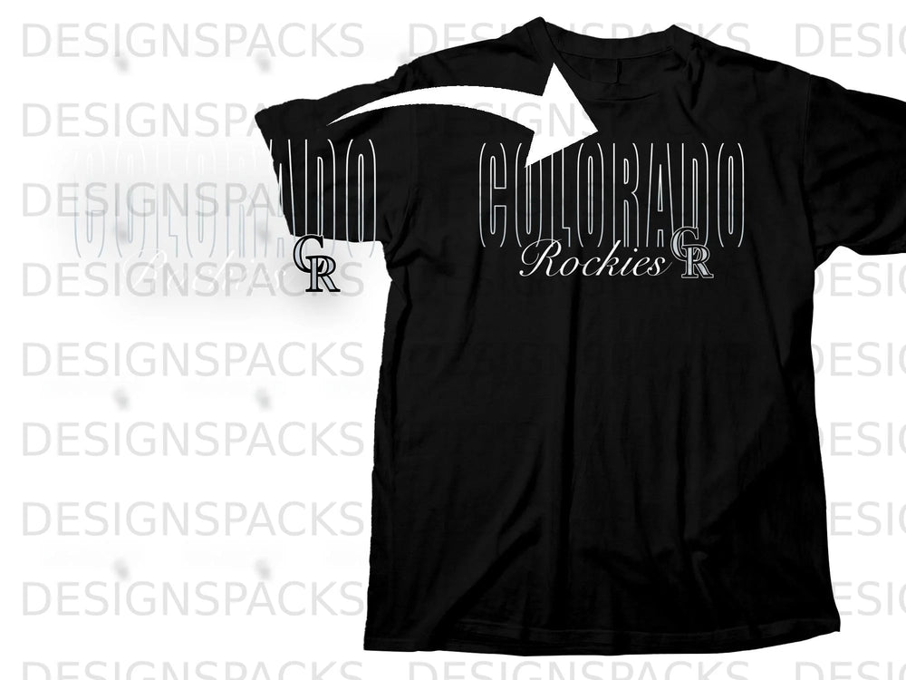 Black t-shirt with "COLORADO Rockies R" text and logo.