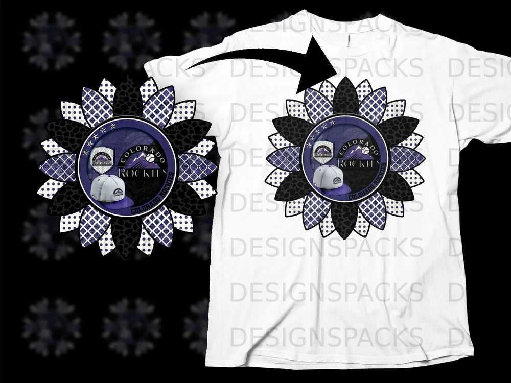 Colorado Rockies sunflower graphic with baseball cap on white t-shirt.