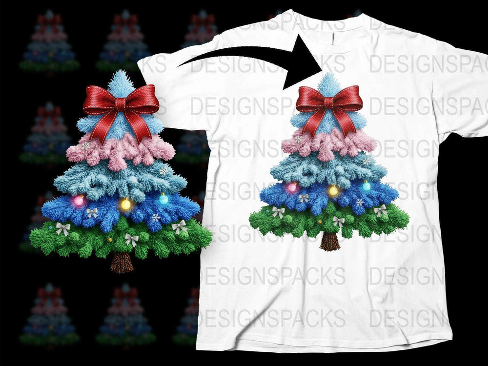 Festive Christmas Tree Graphic T-Shirt, Colorful Lights and Bows, Holiday Casual Wear for All Ages