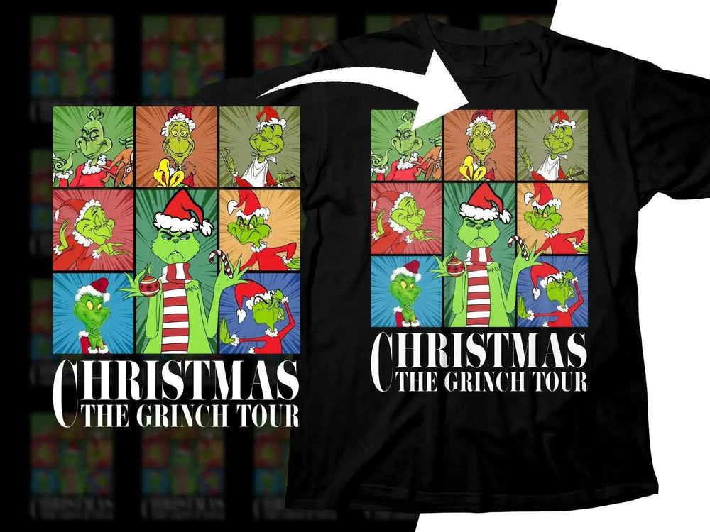 Grinch Christmas Tour t-shirt design with festive panels and holiday text
