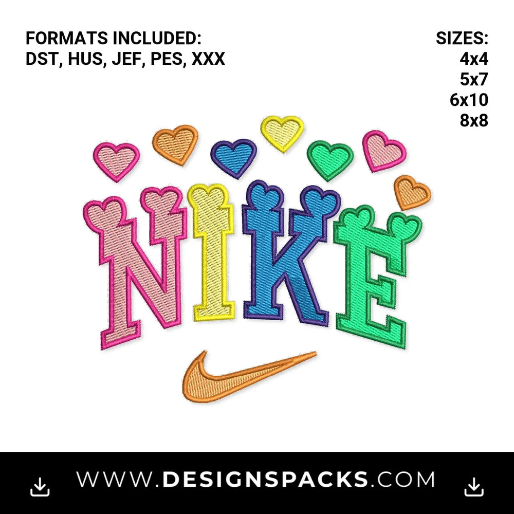 Colorful Rainbow Hearts Nike Swoosh Embroidery Design - Instant digital download pattern at Designspacks.com