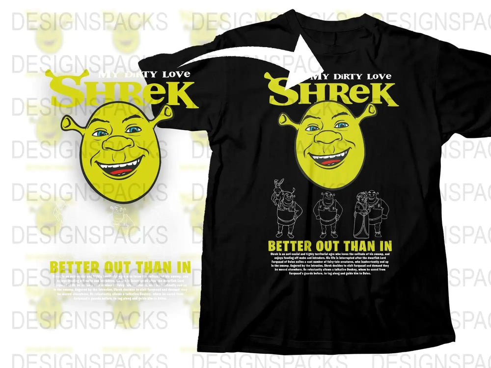 Shrek-themed black t-shirt with 'My Dirty Love Shrek' design, featuring bold yellow text and character illustrations.