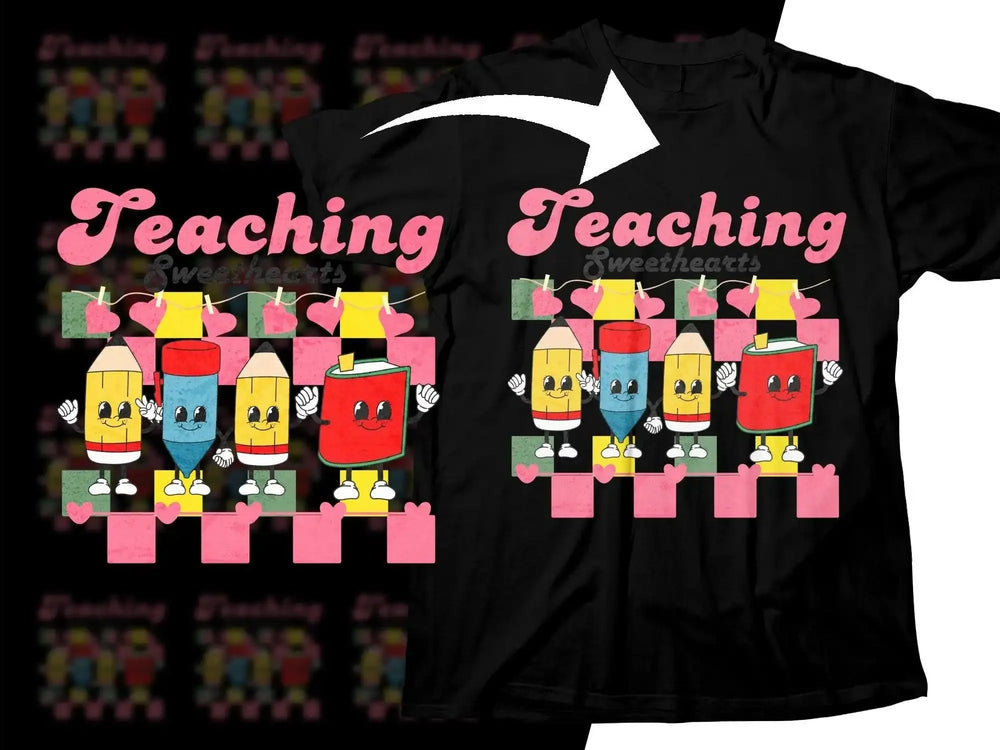 Teaching Sweethearts t-shirt design with cute pencils and books on checkered background