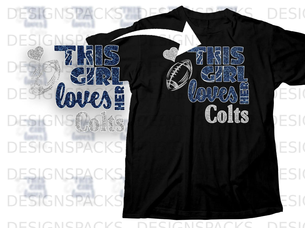 This girl loves Colts text with football and heart graphics on black t-shirt.