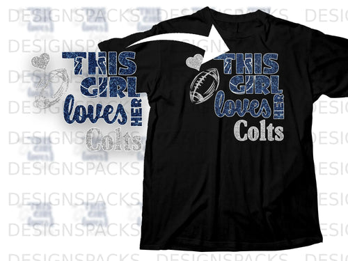This girl loves Colts text with football and heart graphics on black t-shirt.