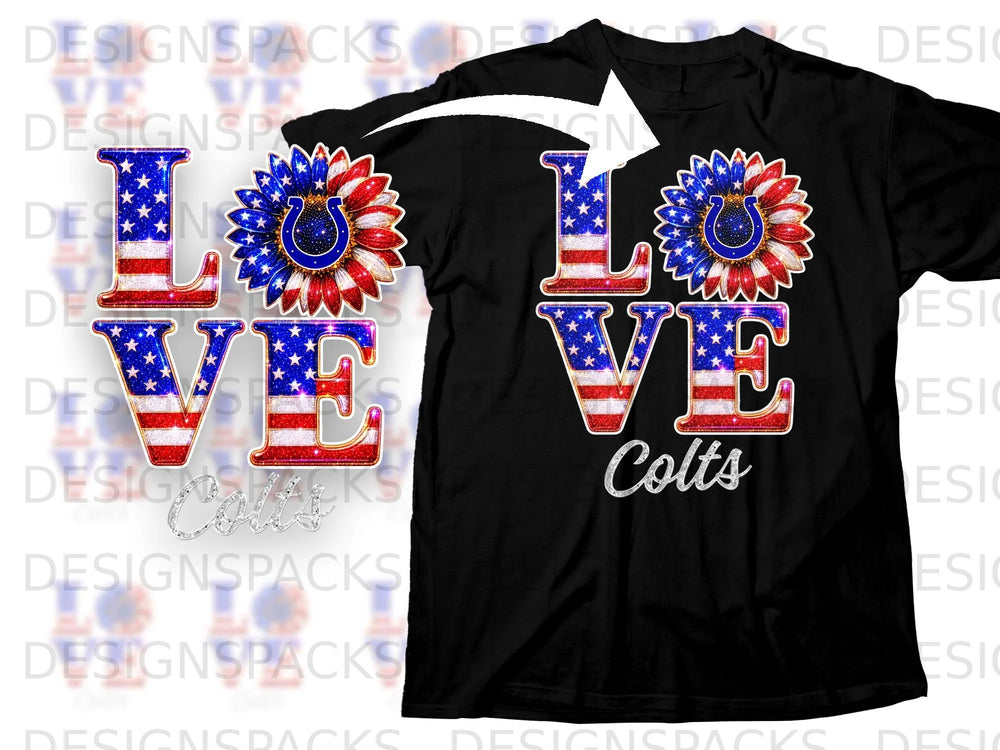 Black t-shirt with "LOVE Colts" design featuring American flag text and a horseshoe.