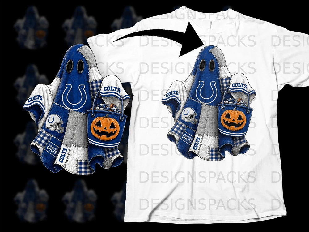 Indianapolis Colts Halloween ghost graphic with football helmet and pumpkin bucket.