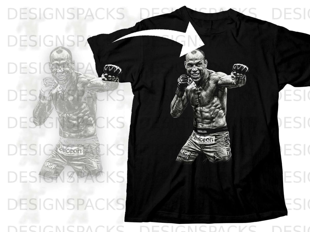 Black t-shirt featuring a monochromatic graphic of a fighter in shorts and gloves.
