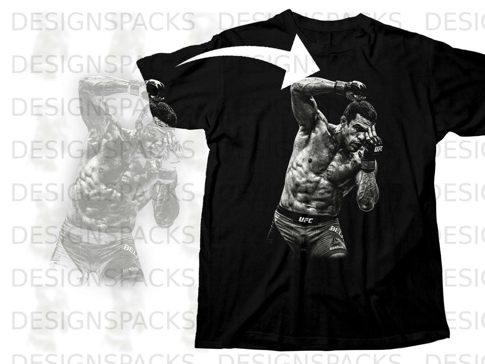 Black t-shirt with black and white graphic of UFC fighter in fighting stance.