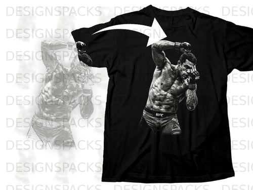 Black t-shirt with black and white graphic of UFC fighter in fighting stance.