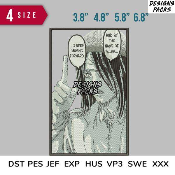 Anime-style embroidery design with quote, available in 4 sizes & multiple formats for DTG/DTF printing