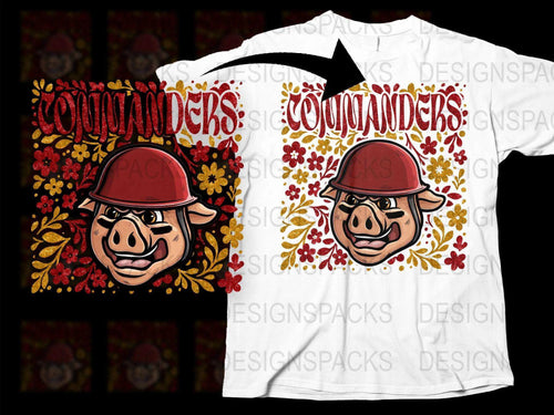 Commander Pig Cartoon Graphic T-Shirt, Funny Animal Print, Floral Motif, Casual Streetwear, Unique Gift Idea