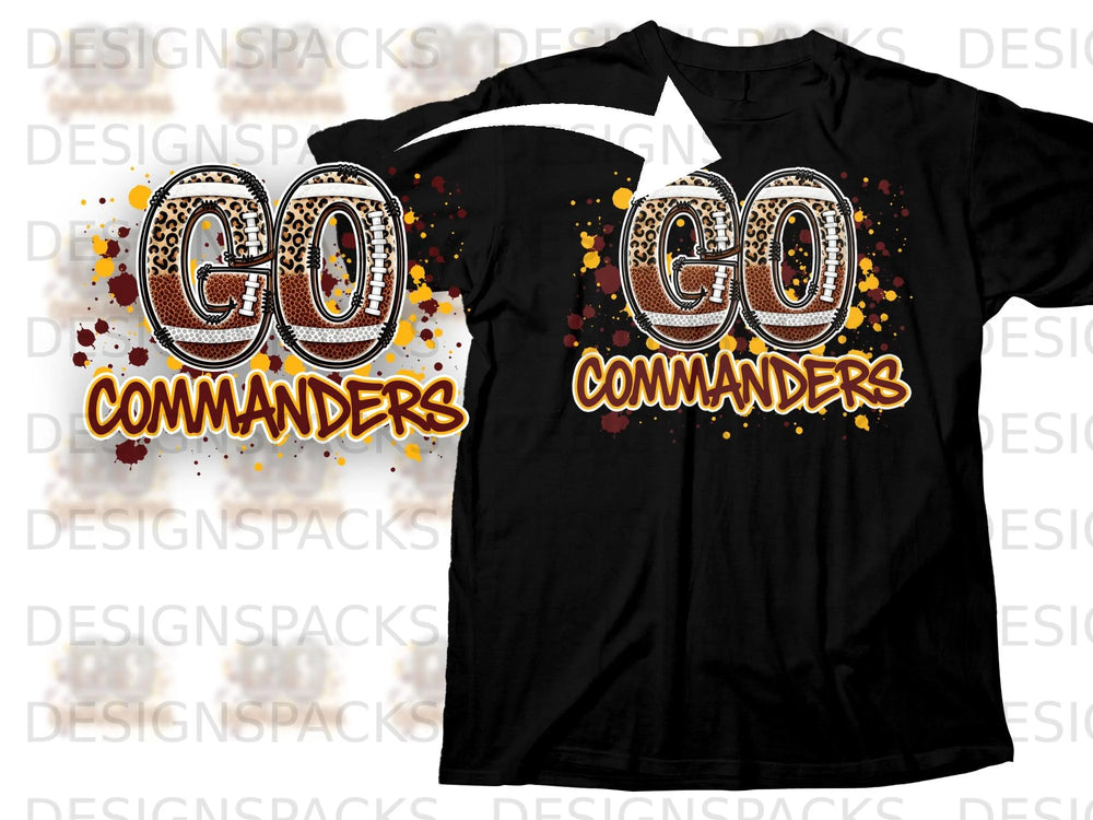"GO COMMANDERS" text on black t-shirt with distressed football graphics.