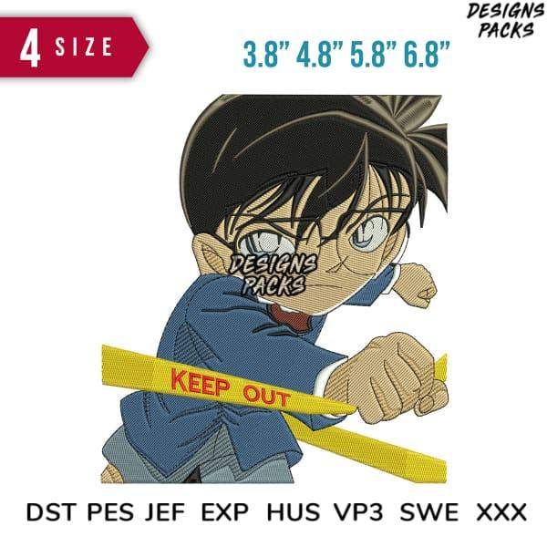 Anime boy holding 'Keep Out' tape, embroidery design in DST PES formats, 4 sizes available
