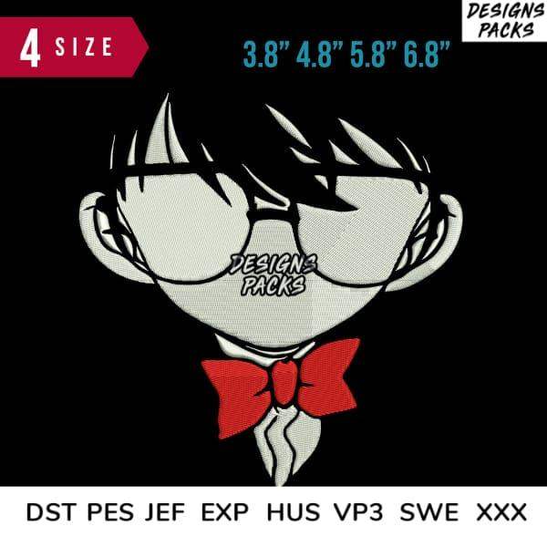 Anime character with glasses and red bow tie, available in multiple embroidery file formats