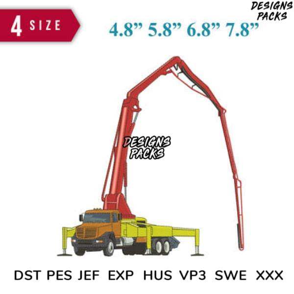 Concrete pump truck embroidery design in 4 sizes, compatible with DST PES JEF formats for instant download.