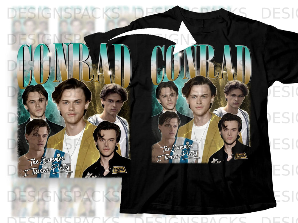 T-shirt with multiple portraits of young men and text "CONRAD" and "The Summer I Turned Pretty".