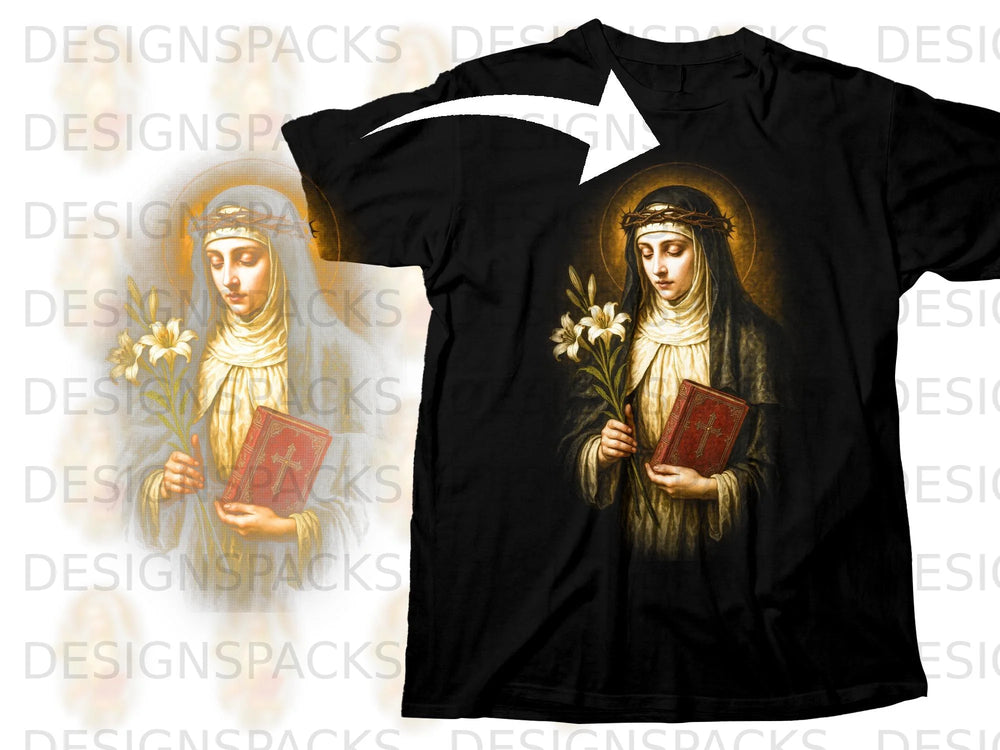 Religious art of a woman in a crown of thorns holding lilies and a book.