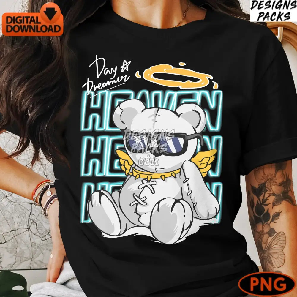Cool Angel Bear Graphic Neon Heaven Dreamer Digital Png Download Cute Teddy Illustration